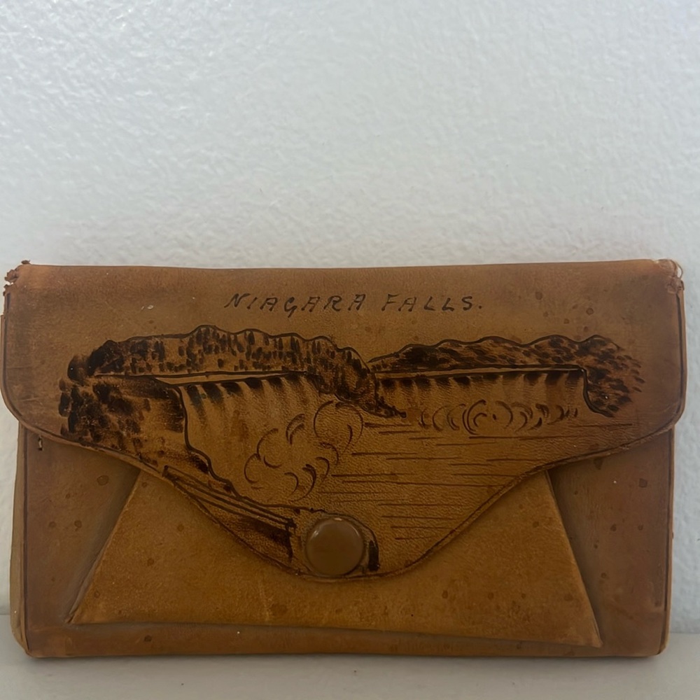 1906 Antique Souvenir NIAGARA FALLS Tooled Leather Pouch Purse Vintage